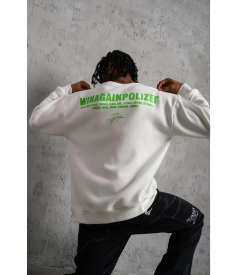 Erkek Oversize Sweatshirt – Beyaz Renk  Ön Ve Sırt Baskılı, Üç İplik İçi Pamuklu Kumaş, Rahat Kalıp, Ribanalı Kışlık Sweat  Winagain Polizei Serisi - Beyaz