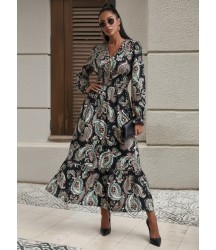 Kadın Uzun Kollu Kruvaze Yaka Beli Lastikli Uzun Desenli Maxi Elbise