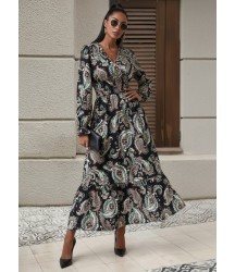 Kadın Uzun Kollu Kruvaze Yaka Beli Lastikli Uzun Desenli Maxi Elbise