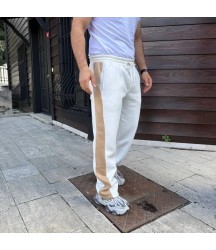 Erkek Üç İplik Kışlık Pamuklu Yandan Garneli Kalın Bej Şeritli Cepli Eşofman Altı - Beyaz