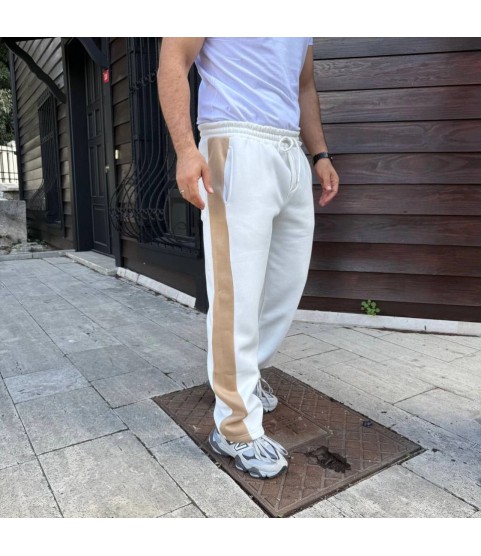 Erkek Üç İplik Kışlık Pamuklu Yandan Garneli Kalın Bej Şeritli Cepli Eşofman Altı - Beyaz