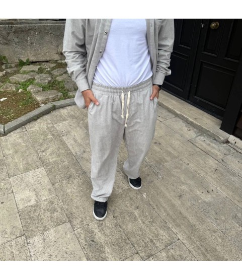 Erkek Fitilli Kadife Cepli Buggy Pantolon Oversize Rahat Kalıp - Gri