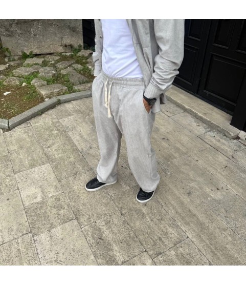 Erkek Fitilli Kadife Cepli Buggy Pantolon Oversize Rahat Kalıp - Gri