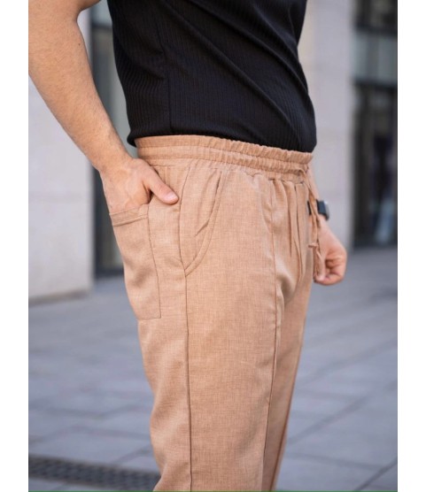 Erkek Keten Cepli Çıma Dikişli Jogger Buggy Pantalon Rahat Kalıp - Kahverengi