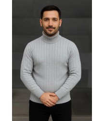Erkek Balıkcı Yaka Bağazlı Triko Kazak Pamuklu Kalın Fitilli Dokuma, Regular Fit Uzun Kollu Kışlık Model - Gri