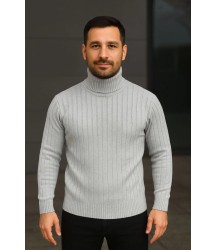 Erkek Balıkcı Yaka Bağazlı Triko Kazak Pamuklu Kalın Fitilli Dokuma, Regular Fit Uzun Kollu Kışlık Model - Gri
