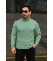 Erkek Balıkcı Yaka Bağazlı Triko Kazak Pamuklu Kalın Fitilli Dokuma, Regular Fit Uzun Kollu Kışlık Model - Mint Yeşili