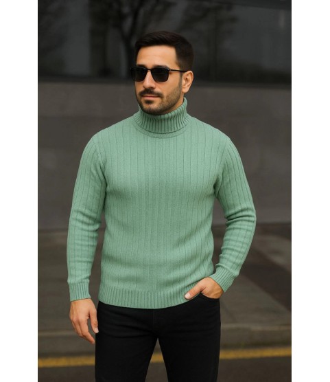 Erkek Balıkcı Yaka Bağazlı Triko Kazak Pamuklu Kalın Fitilli Dokuma, Regular Fit Uzun Kollu Kışlık Model - Mint Yeşili Erkek Balıkcı Yaka Bağazlı Triko Kazak Pamuklu Kalın Fitilli Dokuma, Regular Fit Uzun Kollu Kışlık Model - Mint Yeşili