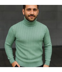 Erkek Balıkcı Yaka Bağazlı Triko Kazak Pamuklu Kalın Fitilli Dokuma, Regular Fit Uzun Kollu Kışlık Model - Mint Yeşili