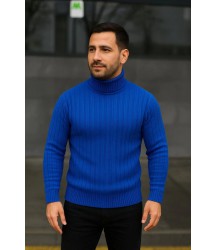 Erkek Balıkcı Yaka Bağazlı Triko Kazak Pamuklu Kalın Fitilli Dokuma, Regular Fit Uzun Kollu Kışlık Model - Saks Mavisi