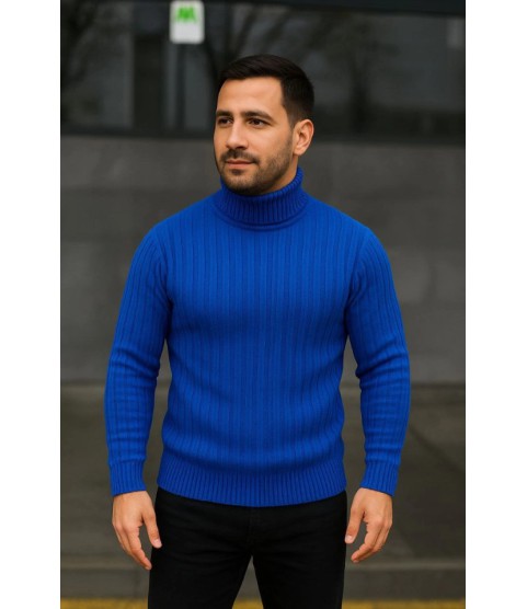 Erkek Balıkcı Yaka Bağazlı Triko Kazak Pamuklu Kalın Fitilli Dokuma, Regular Fit Uzun Kollu Kışlık Model - Saks Mavisi Erkek Balıkcı Yaka Bağazlı Triko Kazak Pamuklu Kalın Fitilli Dokuma, Regular Fit Uzun Kollu Kışlık Model - Saks Mavisi