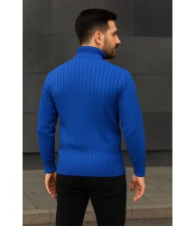 Erkek Balıkcı Yaka Bağazlı Triko Kazak Pamuklu Kalın Fitilli Dokuma, Regular Fit Uzun Kollu Kışlık Model - Saks Mavisi