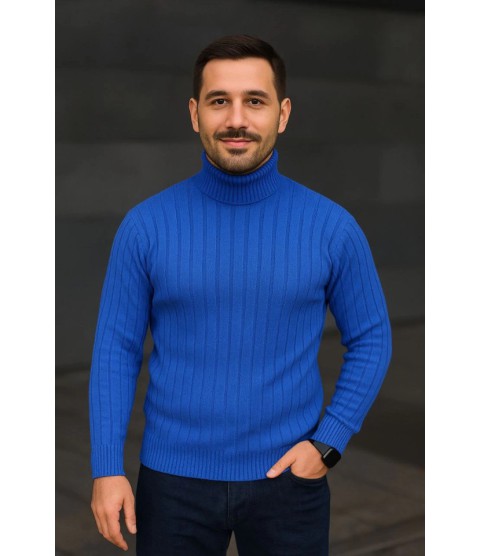Erkek Balıkcı Yaka Bağazlı Triko Kazak Pamuklu Kalın Fitilli Dokuma, Regular Fit Uzun Kollu Kışlık Model - Saks Mavisi Erkek Balıkcı Yaka Bağazlı Triko Kazak Pamuklu Kalın Fitilli Dokuma, Regular Fit Uzun Kollu Kışlık Model - Saks Mavisi