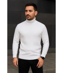 Erkek Balıkcı Yaka Bağazlı Triko Kazak Pamuklu Kalın Fitilli Dokuma, Regular Fit Uzun Kollu Kışlık Model - Beyaz