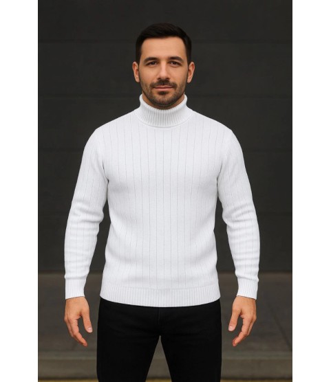 Erkek Balıkcı Yaka Bağazlı Triko Kazak Pamuklu Kalın Fitilli Dokuma, Regular Fit Uzun Kollu Kışlık Model - Beyaz Erkek Balıkcı Yaka Bağazlı Triko Kazak Pamuklu Kalın Fitilli Dokuma, Regular Fit Uzun Kollu Kışlık Model - Beyaz