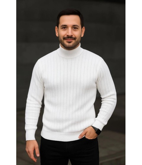 Erkek Balıkcı Yaka Bağazlı Triko Kazak Pamuklu Kalın Fitilli Dokuma, Regular Fit Uzun Kollu Kışlık Model - Beyaz Erkek Balıkcı Yaka Bağazlı Triko Kazak Pamuklu Kalın Fitilli Dokuma, Regular Fit Uzun Kollu Kışlık Model - Beyaz