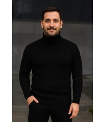 Erkek Balıkcı Yaka Bağazlı Triko Kazak Pamuklu Kalın Fitilli Dokuma, Regular Fit Uzun Kollu Kışlık Model - Siyah