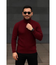 Erkek Balıkcı Yaka Bağazlı Triko Kazak Pamuklu Kalın Fitilli Dokuma, Regular Fit Uzun Kollu Kışlık Model - Bordo