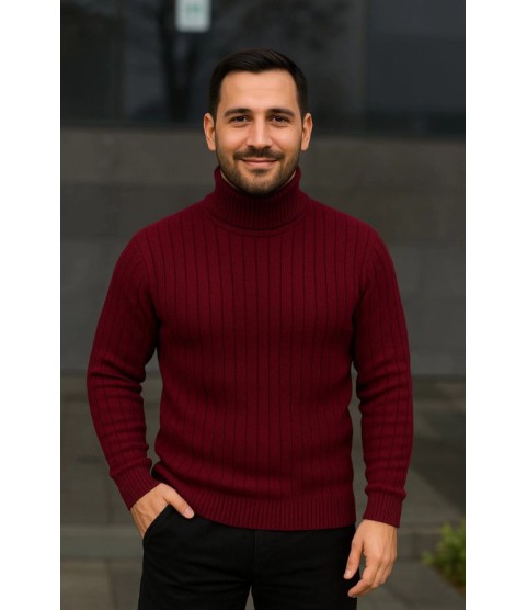Erkek Balıkcı Yaka Bağazlı Triko Kazak Pamuklu Kalın Fitilli Dokuma, Regular Fit Uzun Kollu Kışlık Model - Bordo Erkek Balıkcı Yaka Bağazlı Triko Kazak Pamuklu Kalın Fitilli Dokuma, Regular Fit Uzun Kollu Kışlık Model - Bordo
