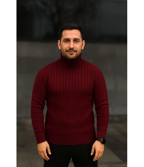 Erkek Balıkcı Yaka Bağazlı Triko Kazak Pamuklu Kalın Fitilli Dokuma, Regular Fit Uzun Kollu Kışlık Model - Bordo Erkek Balıkcı Yaka Bağazlı Triko Kazak Pamuklu Kalın Fitilli Dokuma, Regular Fit Uzun Kollu Kışlık Model - Bordo