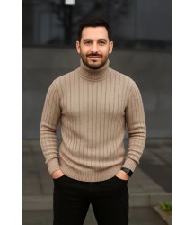 Erkek Balıkcı Yaka Bağazlı Triko Kazak Pamuklu Kalın Fitilli Dokuma, Regular Fit Uzun Kollu Kışlık Model - Bej