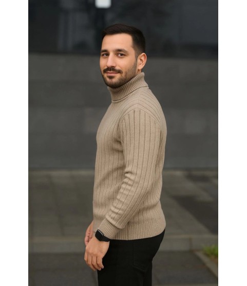 Erkek Balıkcı Yaka Bağazlı Triko Kazak Pamuklu Kalın Fitilli Dokuma, Regular Fit Uzun Kollu Kışlık Model - Bej Erkek Balıkcı Yaka Bağazlı Triko Kazak Pamuklu Kalın Fitilli Dokuma, Regular Fit Uzun Kollu Kışlık Model - Bej