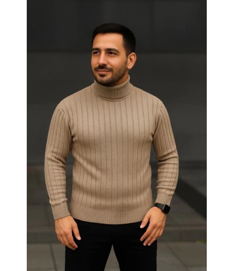 Erkek Balıkcı Yaka Bağazlı Triko Kazak Pamuklu Kalın Fitilli Dokuma, Regular Fit Uzun Kollu Kışlık Model - Bej Erkek Balıkcı Yaka Bağazlı Triko Kazak Pamuklu Kalın Fitilli Dokuma, Regular Fit Uzun Kollu Kışlık Model - Bej