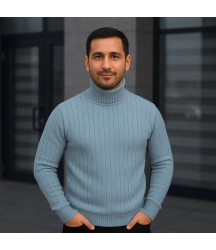 Erkek Balıkcı Yaka Bağazlı Triko Kazak Pamuklu Kalın Fitilli Dokuma, Regular Fit Uzun Kollu Kışlık Model - Bebe Mavisi