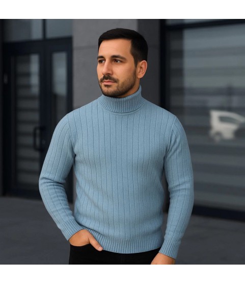 Erkek Balıkcı Yaka Bağazlı Triko Kazak Pamuklu Kalın Fitilli Dokuma, Regular Fit Uzun Kollu Kışlık Model - Bebe Mavisi Erkek Balıkcı Yaka Bağazlı Triko Kazak Pamuklu Kalın Fitilli Dokuma, Regular Fit Uzun Kollu Kışlık Model - Bebe Mavisi