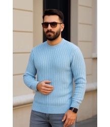 Erkek Bisiklet Yuvarlak Yaka Triko Kazak Pamuklu Kalın Fitilli Dokuma, Regular Fit Uzun Kollu Kışlık Model - Bebe Mavisi