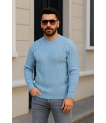 Erkek Bisiklet Yuvarlak Yaka Triko Kazak Pamuklu Kalın Fitilli Dokuma, Regular Fit Uzun Kollu Kışlık Model - Bebe Mavisi