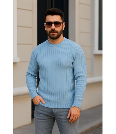 Erkek Bisiklet Yuvarlak Yaka Triko Kazak Pamuklu Kalın Fitilli Dokuma, Regular Fit Uzun Kollu Kışlık Model - Bebe Mavisi