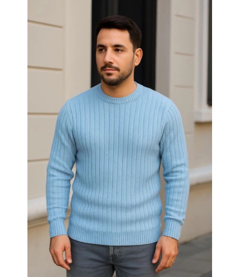 Erkek Bisiklet Yuvarlak Yaka Triko Kazak Pamuklu Kalın Fitilli Dokuma, Regular Fit Uzun Kollu Kışlık Model - Bebe Mavisi