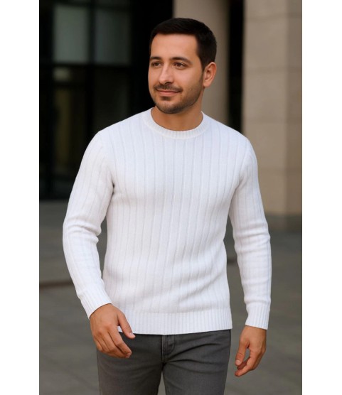 Erkek Bisiklet Yuvarlak Yaka Triko Kazak Pamuklu Kalın Fitilli Dokuma, Regular Fit Uzun Kollu Kışlık Model - Beyaz Erkek Bisiklet Yuvarlak Yaka Triko Kazak Pamuklu Kalın Fitilli Dokuma, Regular Fit Uzun Kollu Kışlık Model - Beyaz