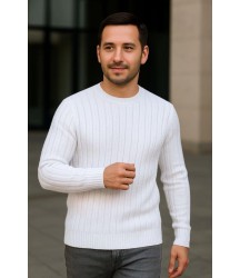 Erkek Bisiklet Yuvarlak Yaka Triko Kazak Pamuklu Kalın Fitilli Dokuma, Regular Fit Uzun Kollu Kışlık Model - Beyaz