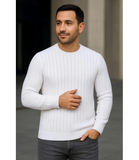 Erkek Bisiklet Yuvarlak Yaka Triko Kazak Pamuklu Kalın Fitilli Dokuma, Regular Fit Uzun Kollu Kışlık Model - Beyaz Erkek Bisiklet Yuvarlak Yaka Triko Kazak Pamuklu Kalın Fitilli Dokuma, Regular Fit Uzun Kollu Kışlık Model - Beyaz