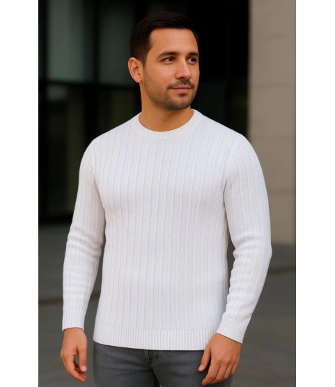 Erkek Bisiklet Yuvarlak Yaka Triko Kazak Pamuklu Kalın Fitilli Dokuma, Regular Fit Uzun Kollu Kışlık Model - Beyaz Erkek Bisiklet Yuvarlak Yaka Triko Kazak Pamuklu Kalın Fitilli Dokuma, Regular Fit Uzun Kollu Kışlık Model - Beyaz