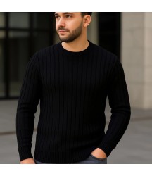 Erkek Bisiklet Yuvarlak Yaka Triko Kazak Pamuklu Kalın Fitilli Dokuma, Regular Fit Uzun Kollu Kışlık Model - Siyah
