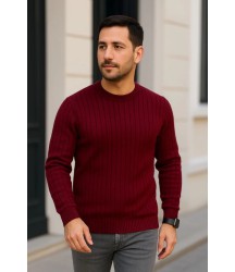 Erkek Bisiklet Yuvarlak Yaka Triko Kazak Pamuklu Kalın Fitilli Dokuma, Regular Fit Uzun Kollu Kışlık Model - Bordo
