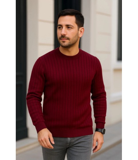 Erkek Bisiklet Yuvarlak Yaka Triko Kazak Pamuklu Kalın Fitilli Dokuma, Regular Fit Uzun Kollu Kışlık Model - Bordo