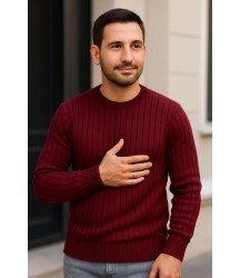 Erkek Bisiklet Yuvarlak Yaka Triko Kazak Pamuklu Kalın Fitilli Dokuma, Regular Fit Uzun Kollu Kışlık Model - Bordo