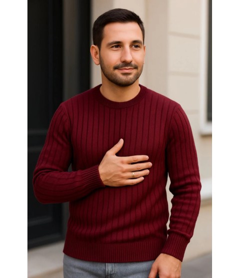 Erkek Bisiklet Yuvarlak Yaka Triko Kazak Pamuklu Kalın Fitilli Dokuma, Regular Fit Uzun Kollu Kışlık Model - Bordo