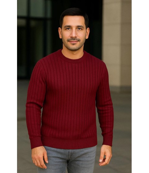 Erkek Bisiklet Yuvarlak Yaka Triko Kazak Pamuklu Kalın Fitilli Dokuma, Regular Fit Uzun Kollu Kışlık Model - Bordo