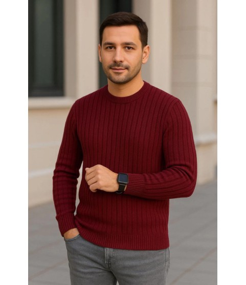 Erkek Bisiklet Yuvarlak Yaka Triko Kazak Pamuklu Kalın Fitilli Dokuma, Regular Fit Uzun Kollu Kışlık Model - Bordo