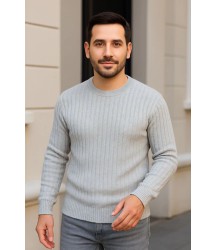 Erkek Bisiklet Yuvarlak Yaka Triko Kazak Pamuklu Kalın Fitilli Dokuma, Regular Fit Uzun Kollu Kışlık Model - Gri