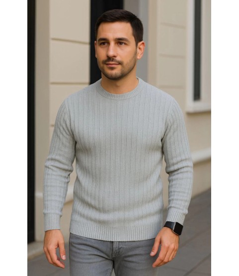 Erkek Bisiklet Yuvarlak Yaka Triko Kazak Pamuklu Kalın Fitilli Dokuma, Regular Fit Uzun Kollu Kışlık Model - Gri Erkek Bisiklet Yuvarlak Yaka Triko Kazak Pamuklu Kalın Fitilli Dokuma, Regular Fit Uzun Kollu Kışlık Model - Gri