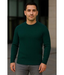 Erkek Bisiklet Yuvarlak Yaka Triko Kazak Pamuklu Kalın Fitilli Dokuma, Regular Fit Uzun Kollu Kışlık Model - Haki