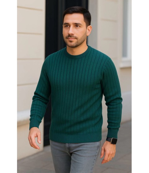 Erkek Bisiklet Yuvarlak Yaka Triko Kazak Pamuklu Kalın Fitilli Dokuma, Regular Fit Uzun Kollu Kışlık Model - Haki
