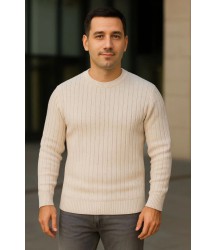 Erkek Bisiklet Yuvarlak Yaka Triko Kazak Pamuklu Kalın Fitilli Dokuma, Regular Fit Uzun Kollu Kışlık Model - Bej