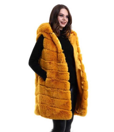Kapşonlu Peluş Kürk Yelek Premium Kalite, Tam Astarlı, Uzun Model - Sarı Kapşonlu Peluş Kürk Yelek Premium Kalite, Tam Astarlı, Uzun Model - Sarı